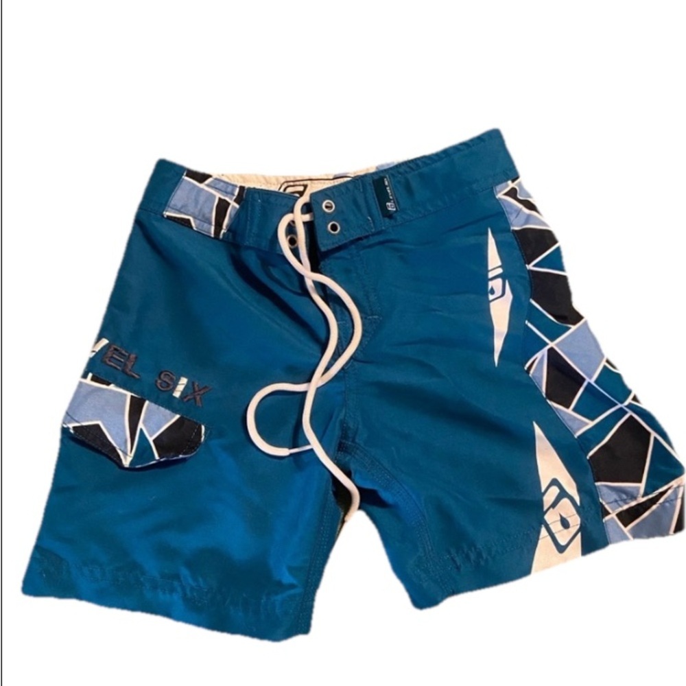 Blue and White Swim Trunks with Geometric Design